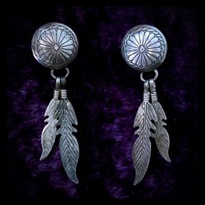 Vintage Sterling Concho Feather Dangle earrings
